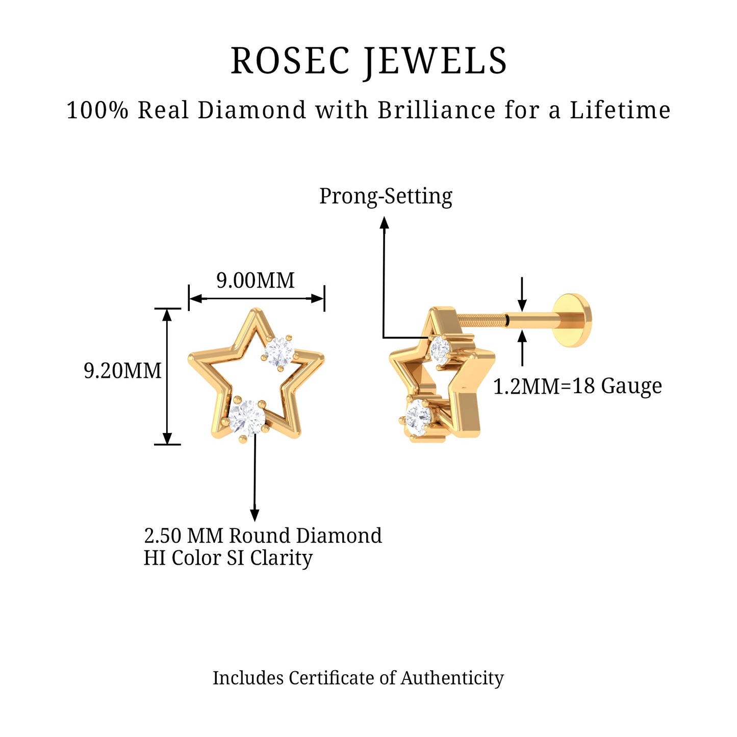 Certified Diamond Star Earring for Upper Lobe Piercing