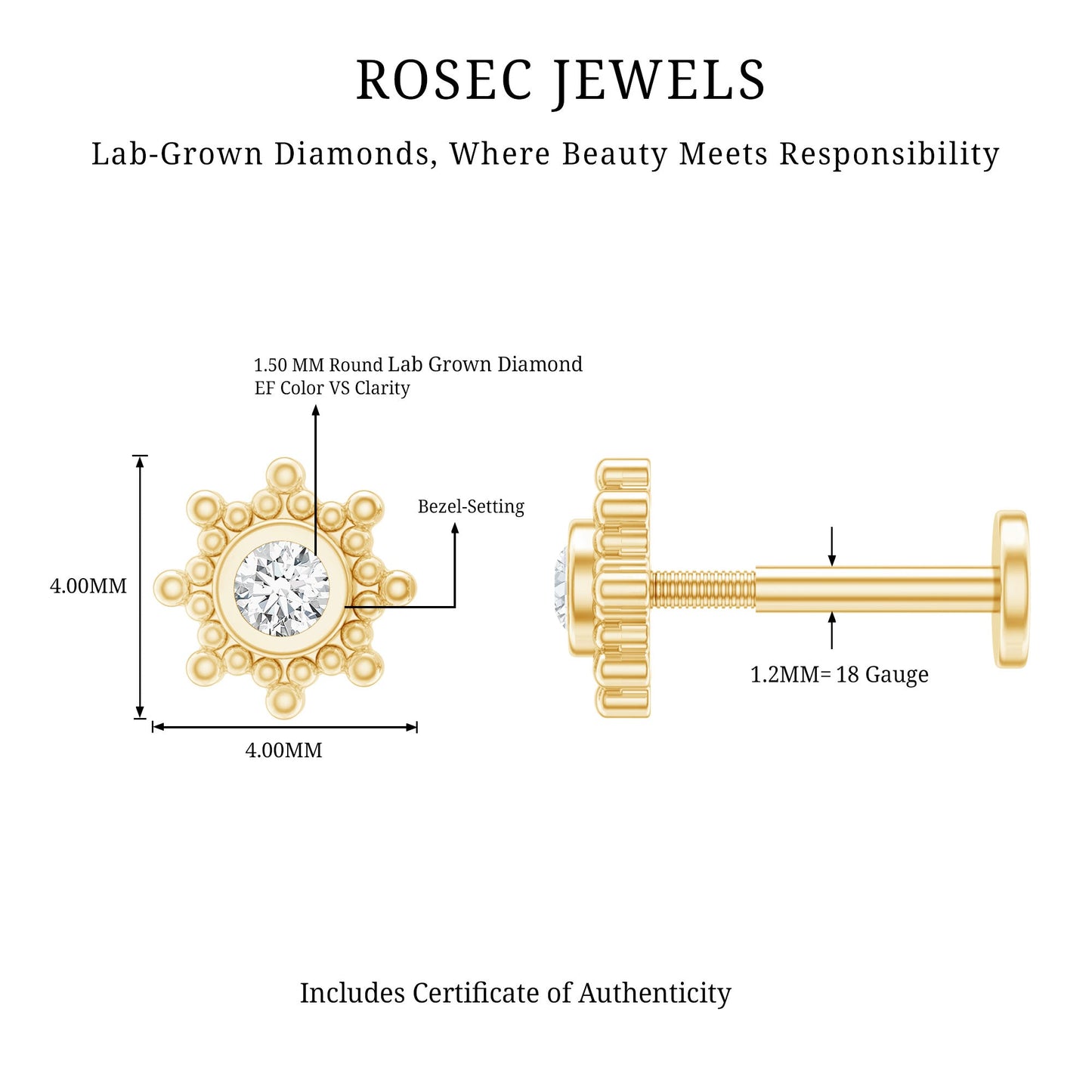 Minimal Diamond Cartilage Earring Stud with Flat Back