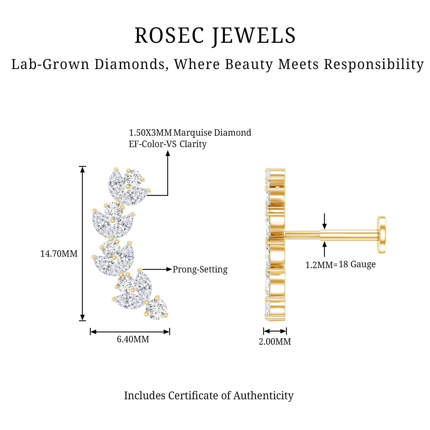 Nature Inspired Diamond Leaf Crawler Helix Earring