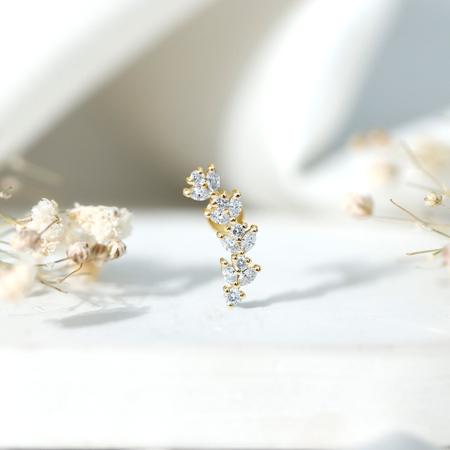 Nature Inspired Diamond Leaf Crawler Helix Earring