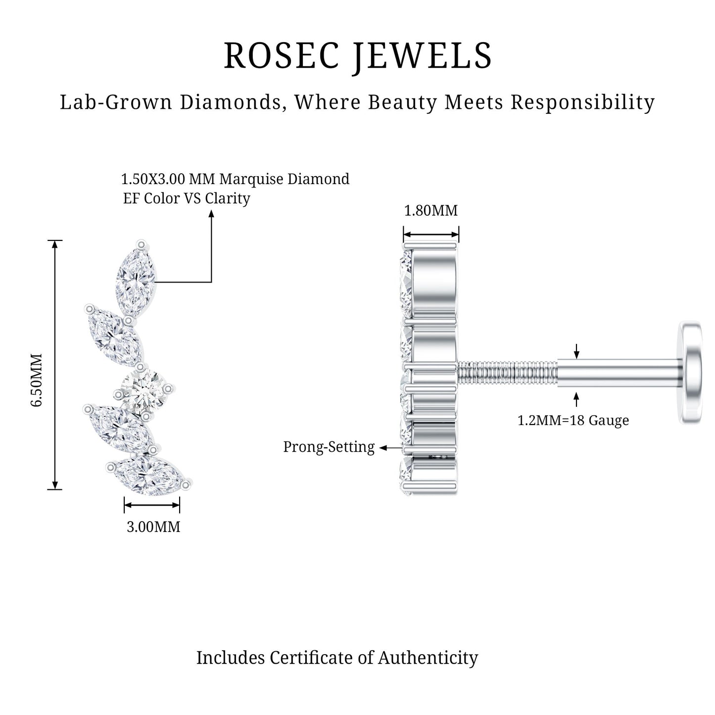 Marquise Shape Diamond Leaf Crawler Helix Earring