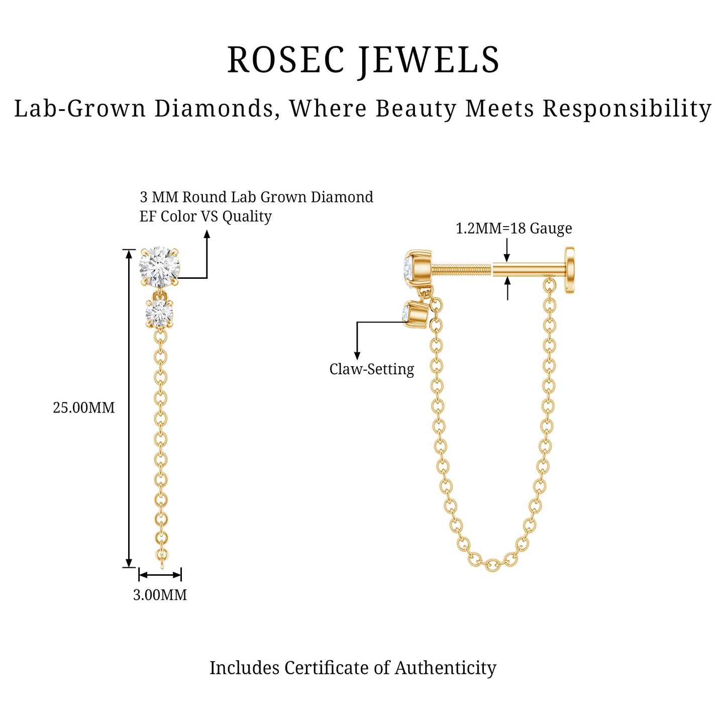 Certified Diamond Chain Drop Earring for Helix Piercing