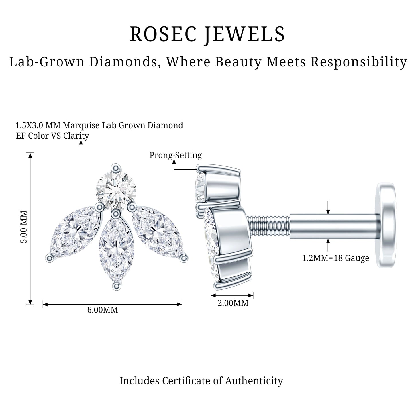 Marquise Shape Diamond Leaf Earring for Helix Piercing