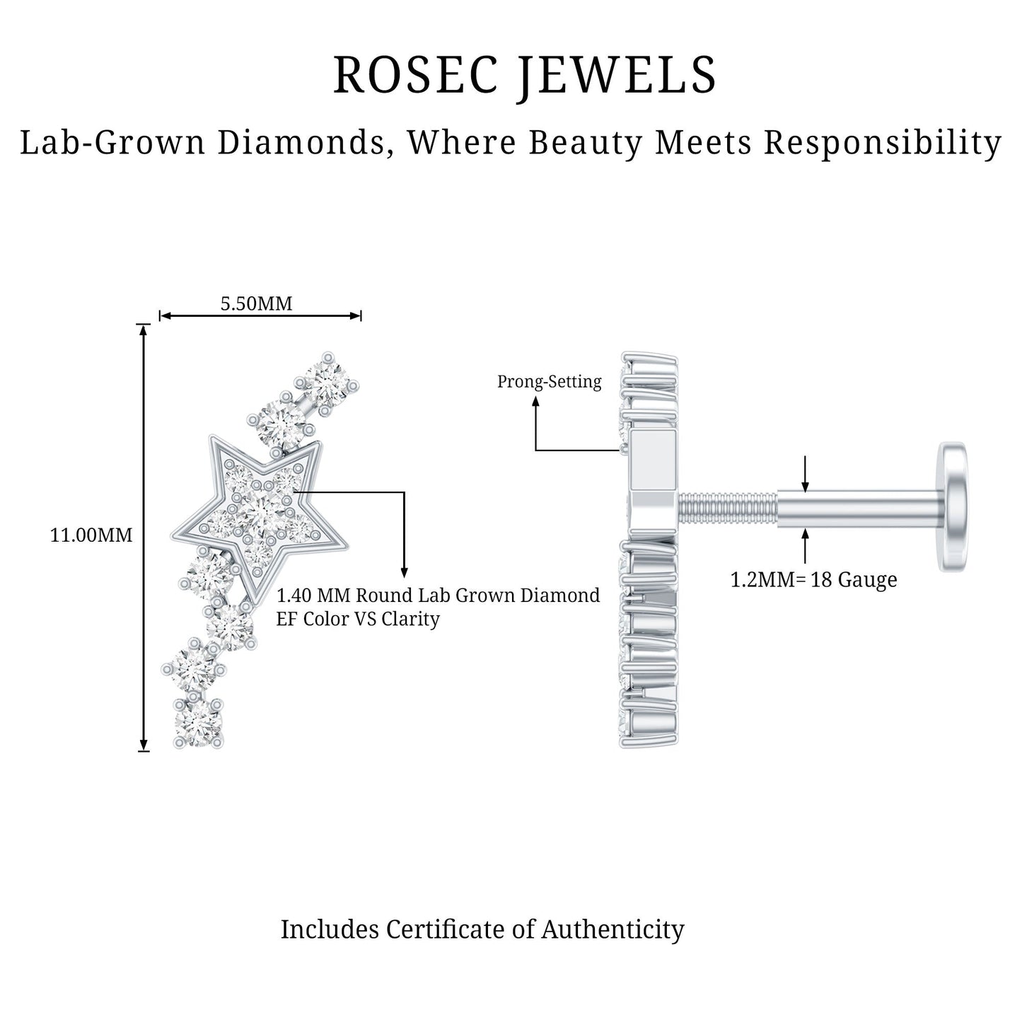 Certified Diamond Star Crawler Earring for Helix Piercing