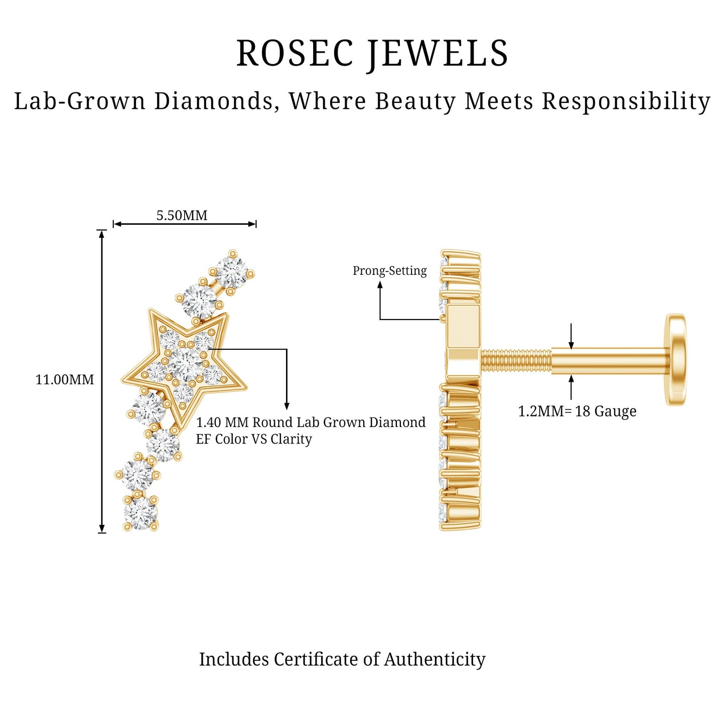 Certified Diamond Star Crawler Earring for Helix Piercing