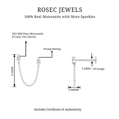 Pear Moissanite Double Piercing Earring with Dangling Chain