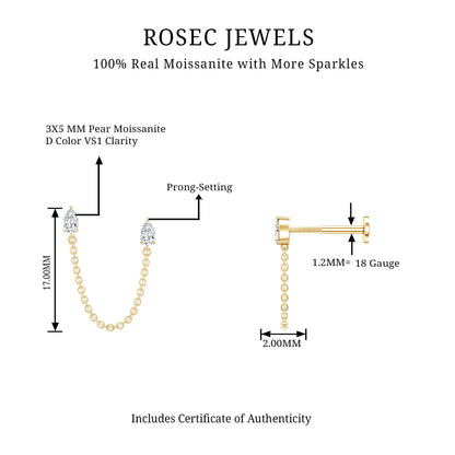 Pear Moissanite Double Piercing Earring with Dangling Chain