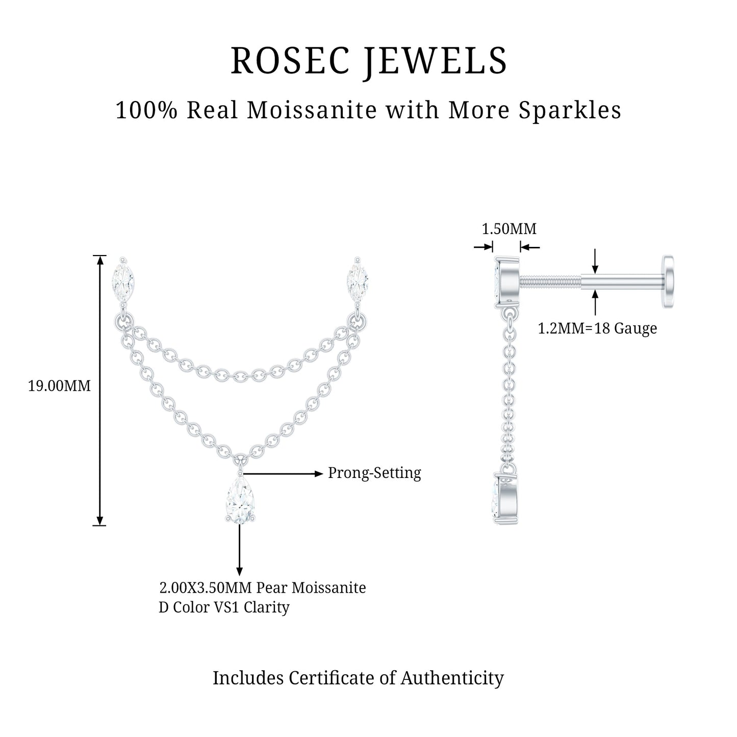 Moissanite Double Chain Earring for Helix Piercing