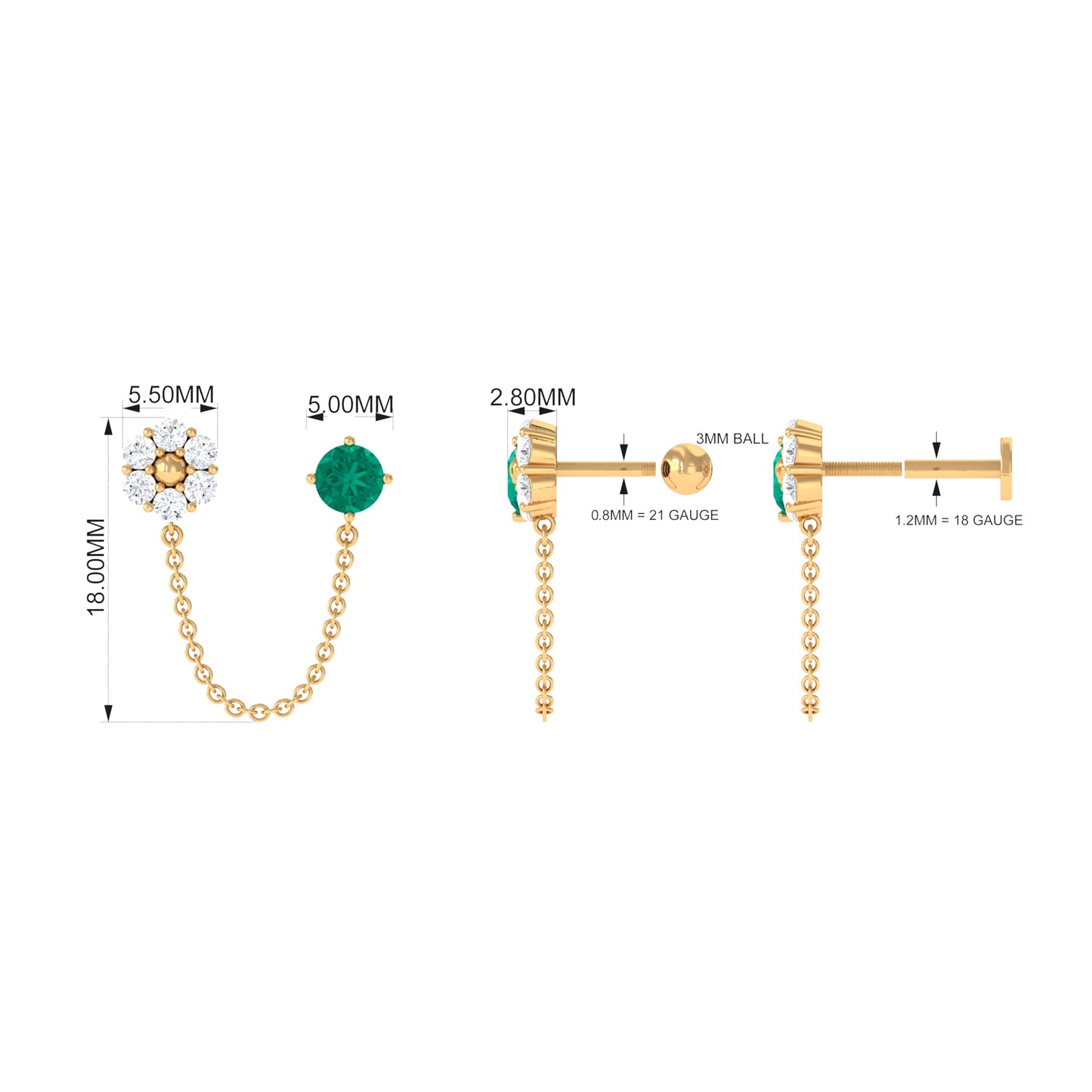 Emerald and Diamond Floral Double Piercing Earring with Chain