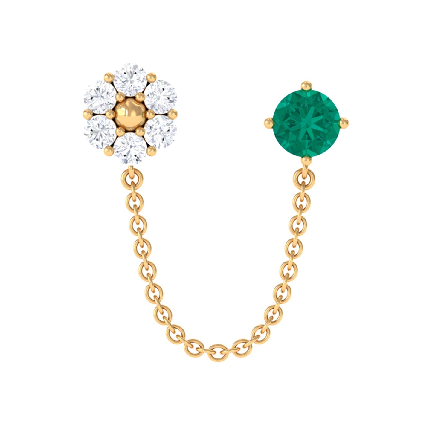 Emerald and Diamond Floral Double Piercing Earring with Chain