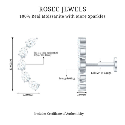 Certified Pear Cut Moissanite Ear Crawler Earring