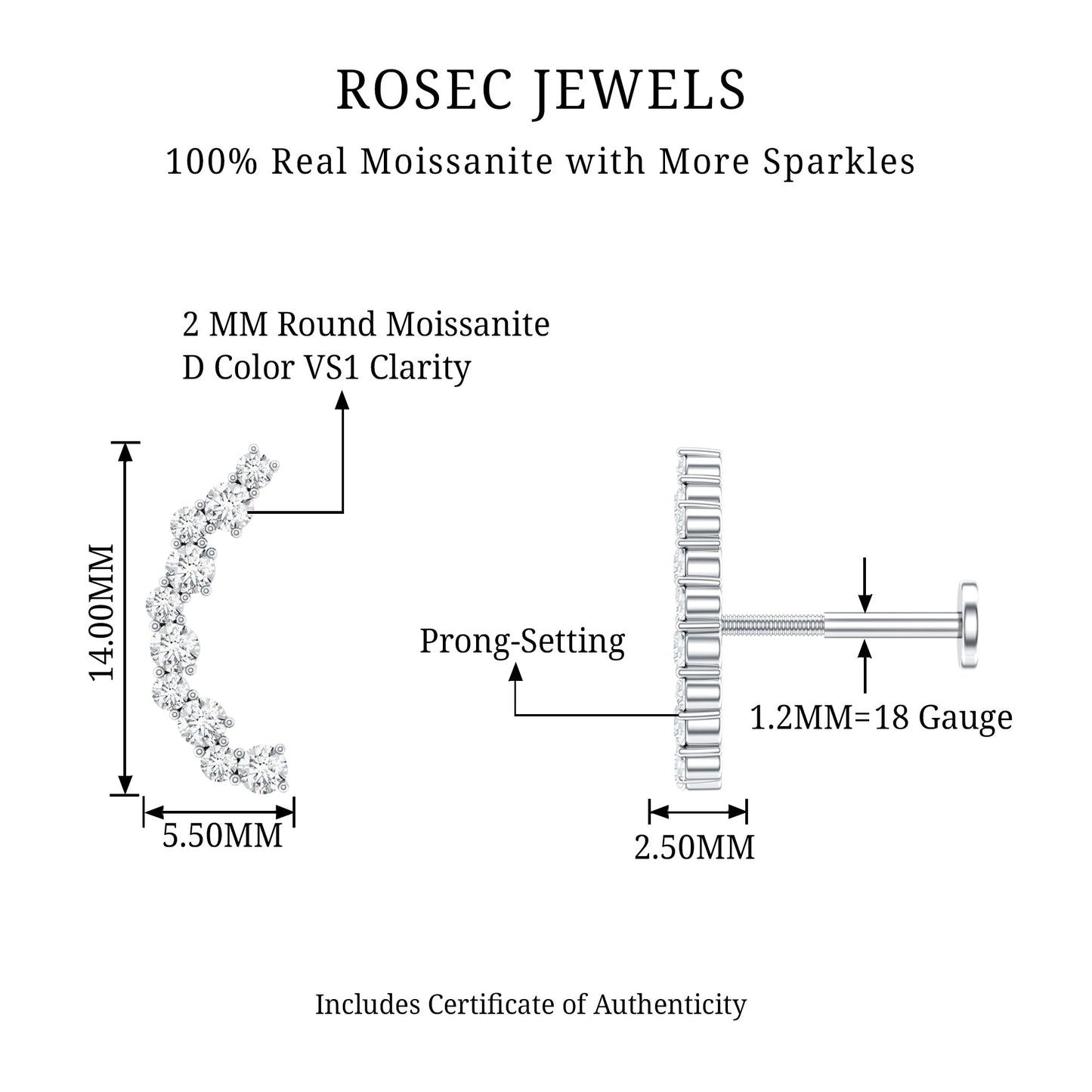 Round Cut Moissanite Ear Crawler Earring for Helix Piercing
