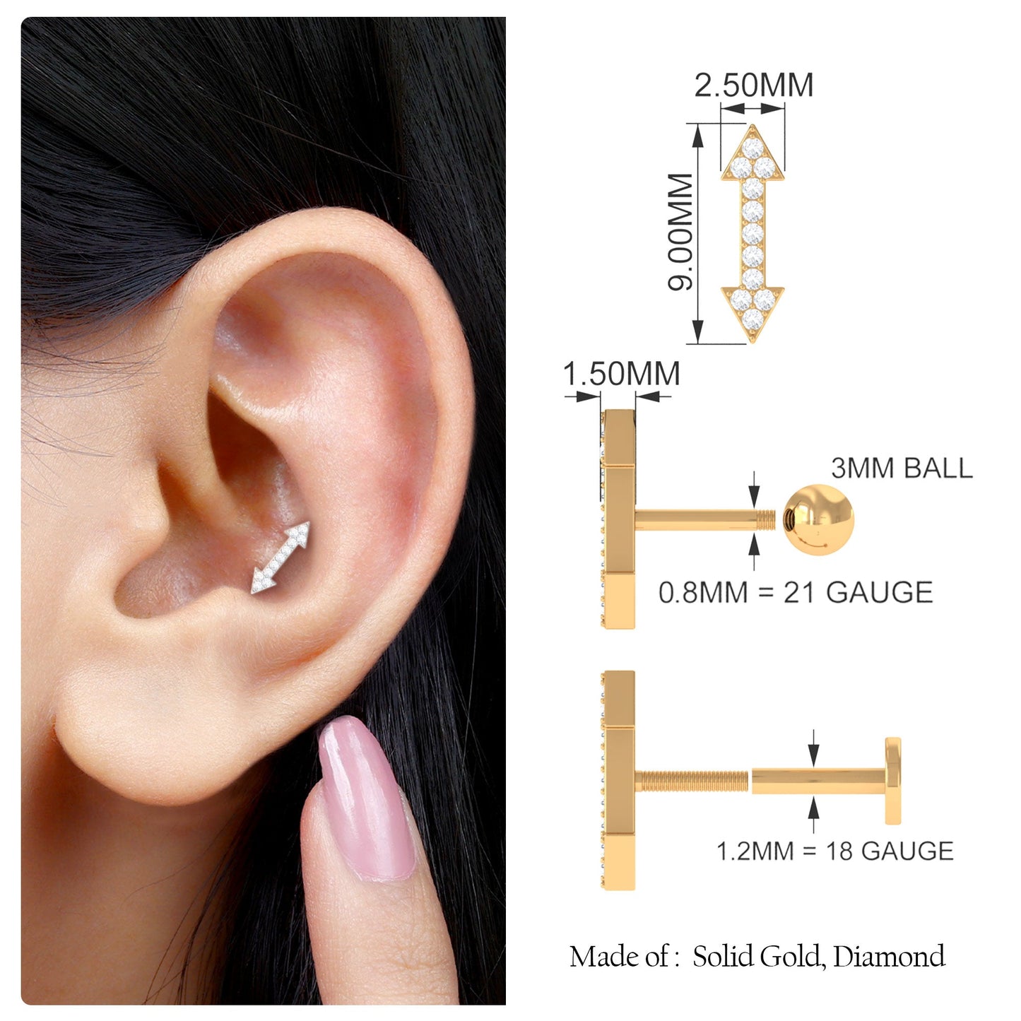 Natural Diamond Arrow Tragus Earring for Women