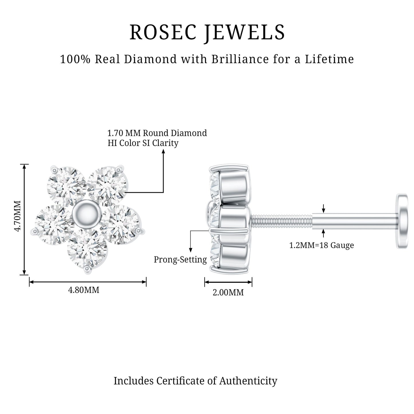 Minimalist Diamond Flower Tragus Earring with Flat Back