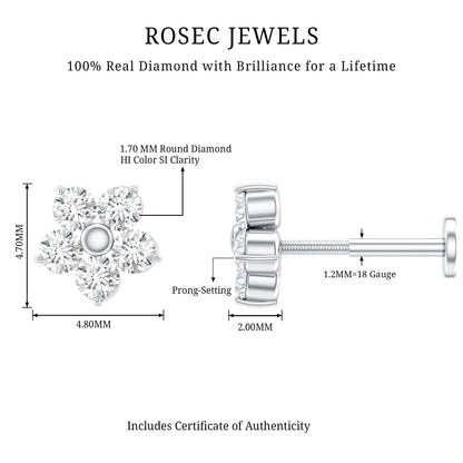 Minimalist Diamond Flower Tragus Earring with Flat Back