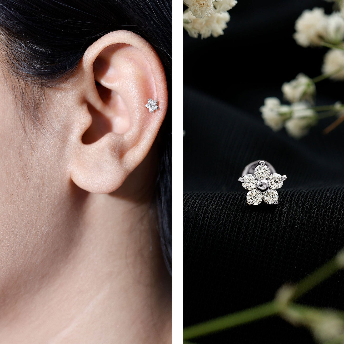Minimalist Diamond Flower Tragus Earring with Flat Back