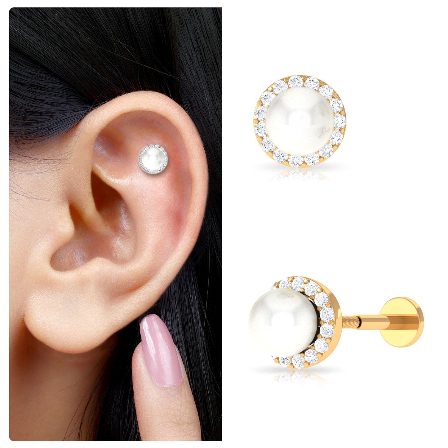 2 Carat Freshwater Pearl and Diamond Halo Cartilage Earring