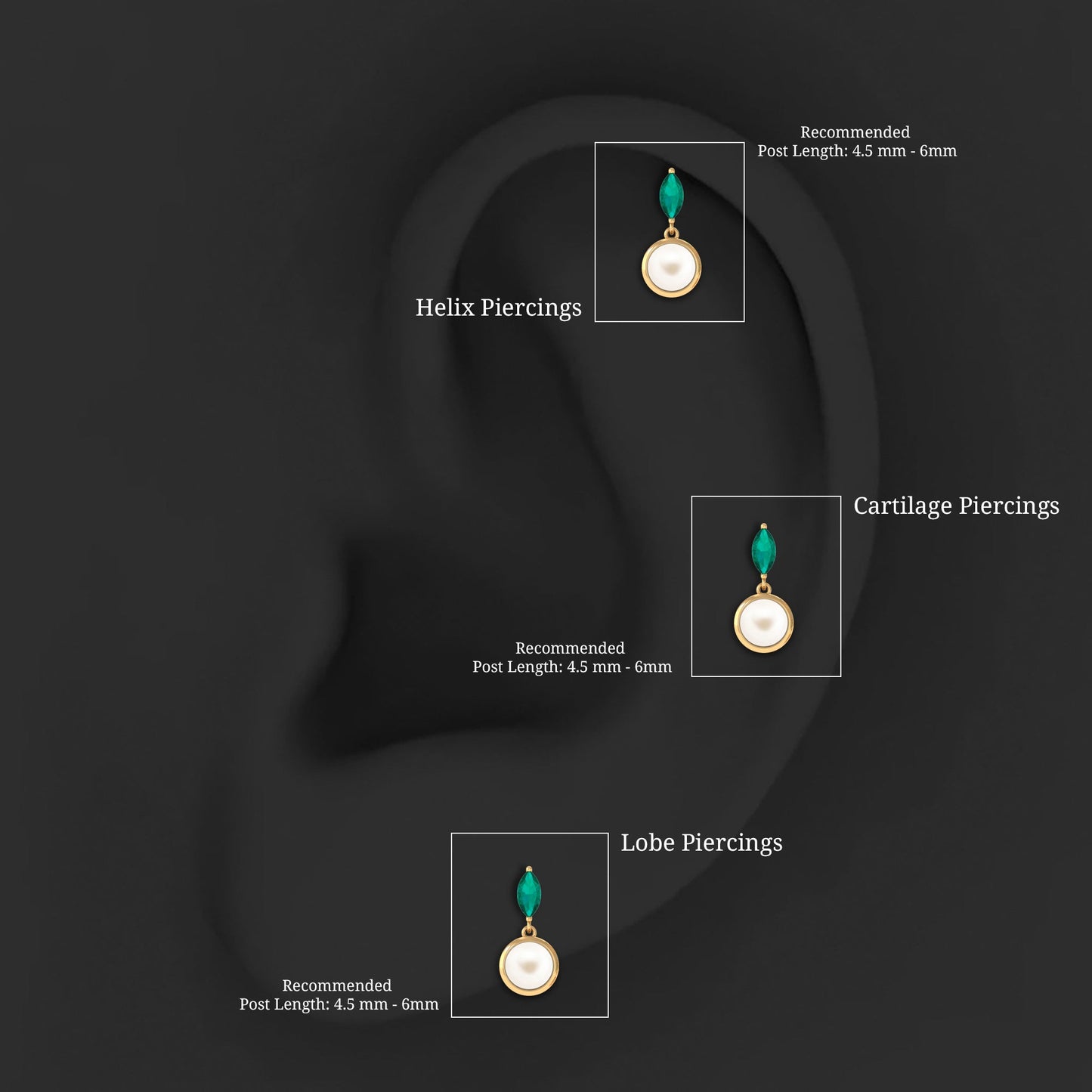2 Carat Freshwater Pearl and Emerald Drop Earring for Helix Piercing