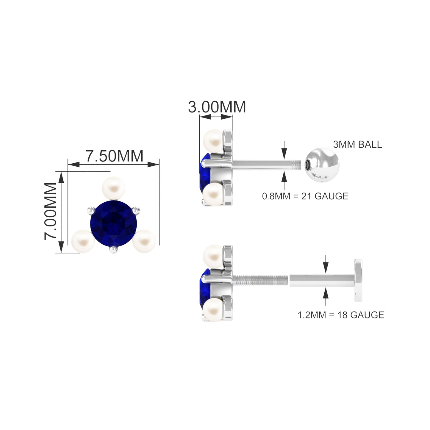 Blue Sapphire and Freshwater Pearl Cartilage Earring