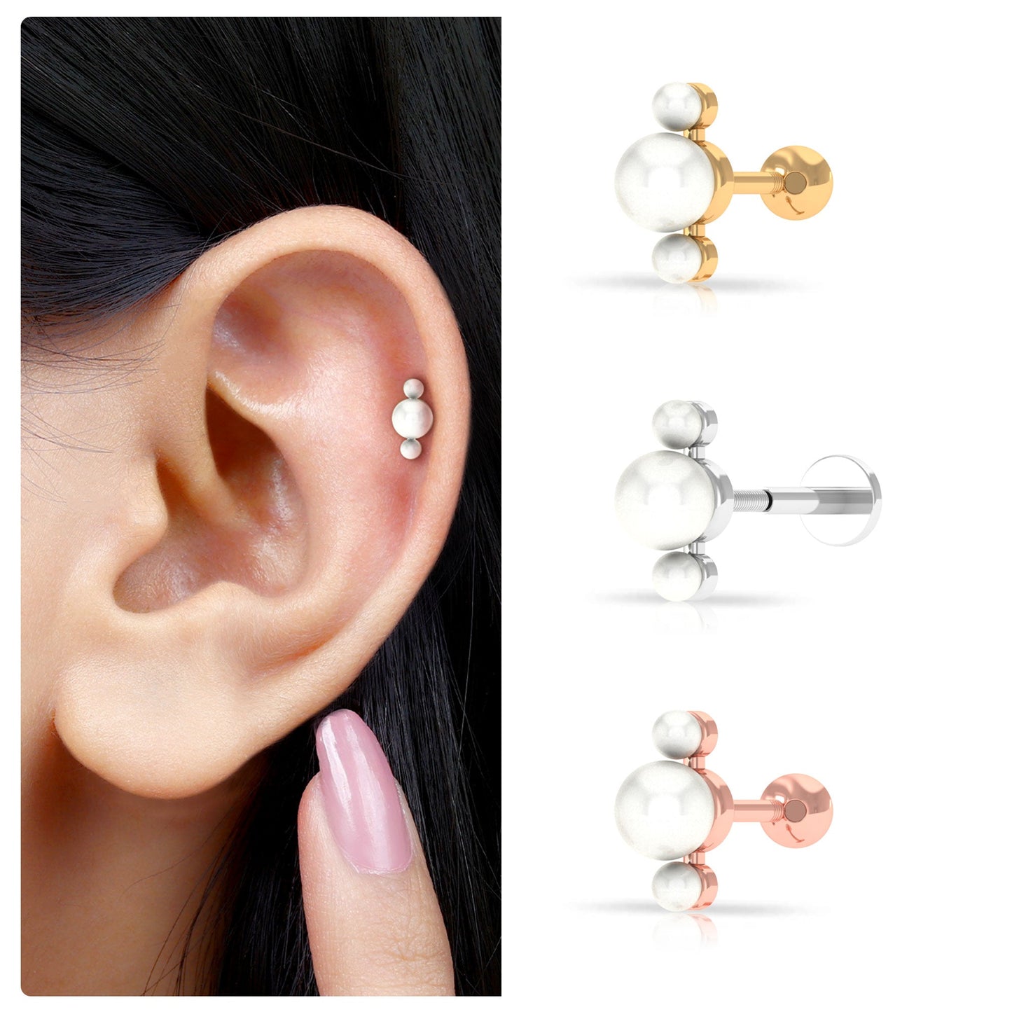 Round Freshwater Pearl Three Stone Cartilage Earring
