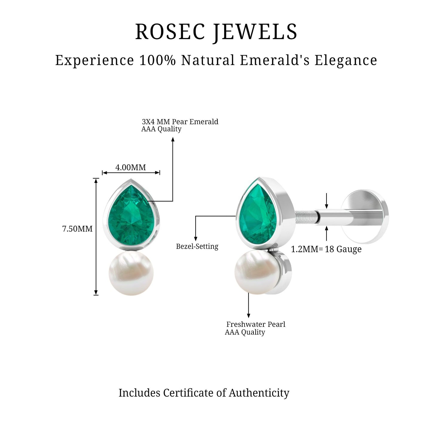 Pear Cut Green Emerald and Freshwater Pearl Tragus Earring