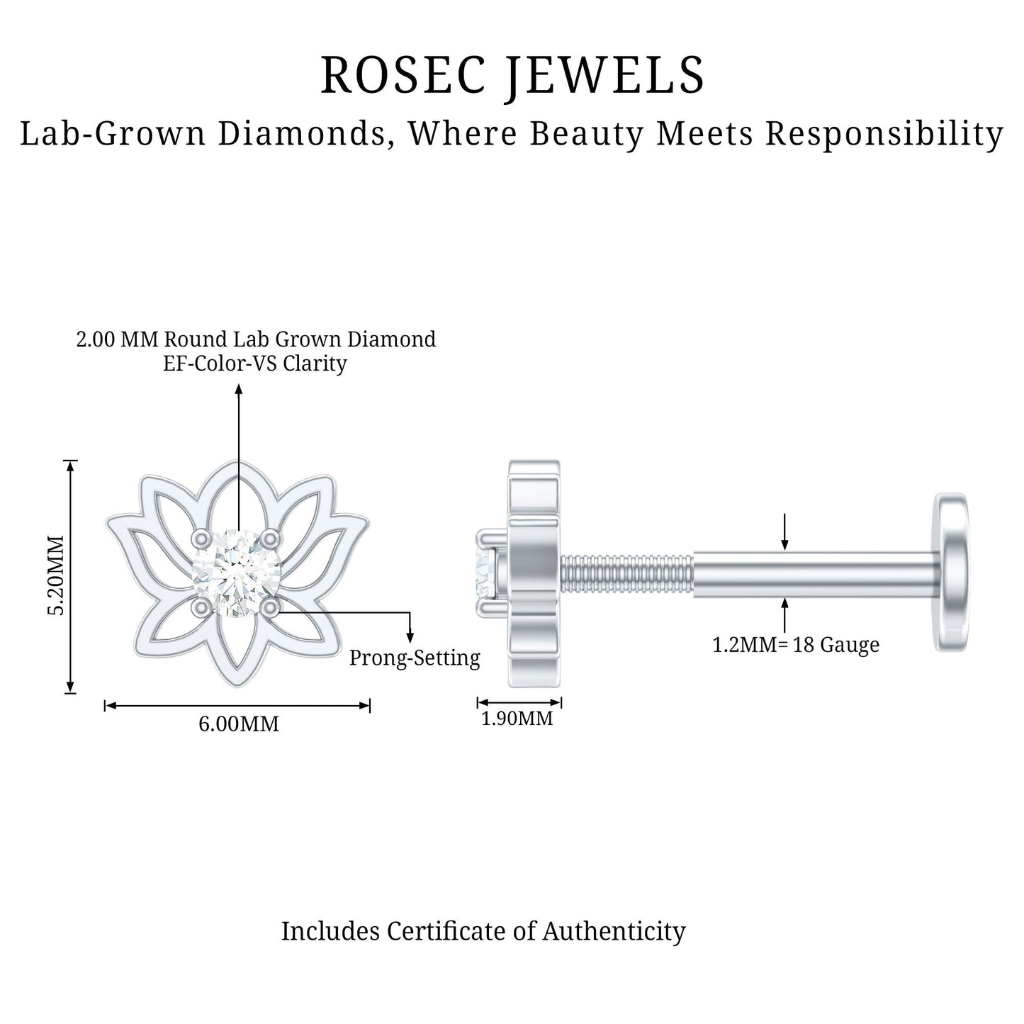 Nature Inspired Diamond Lotus Earring for Helix Piercing