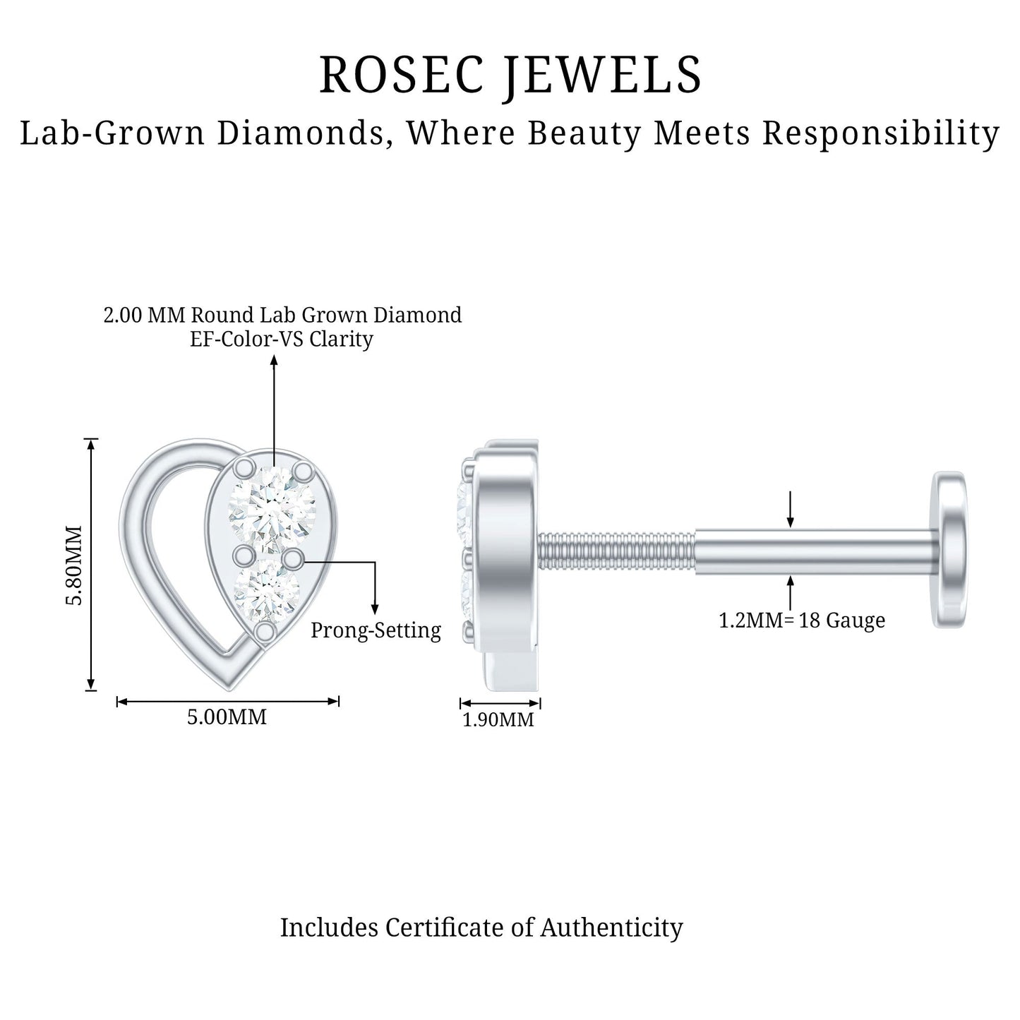 Diamond Heart Earring for Conch Piercing