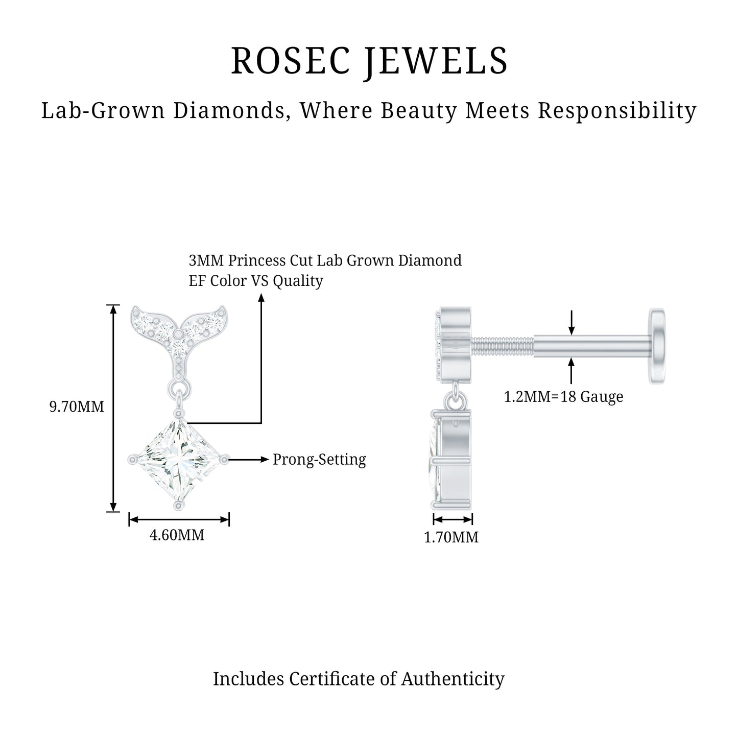Fish Tail Diamond Drop Earring for Helix Piercing