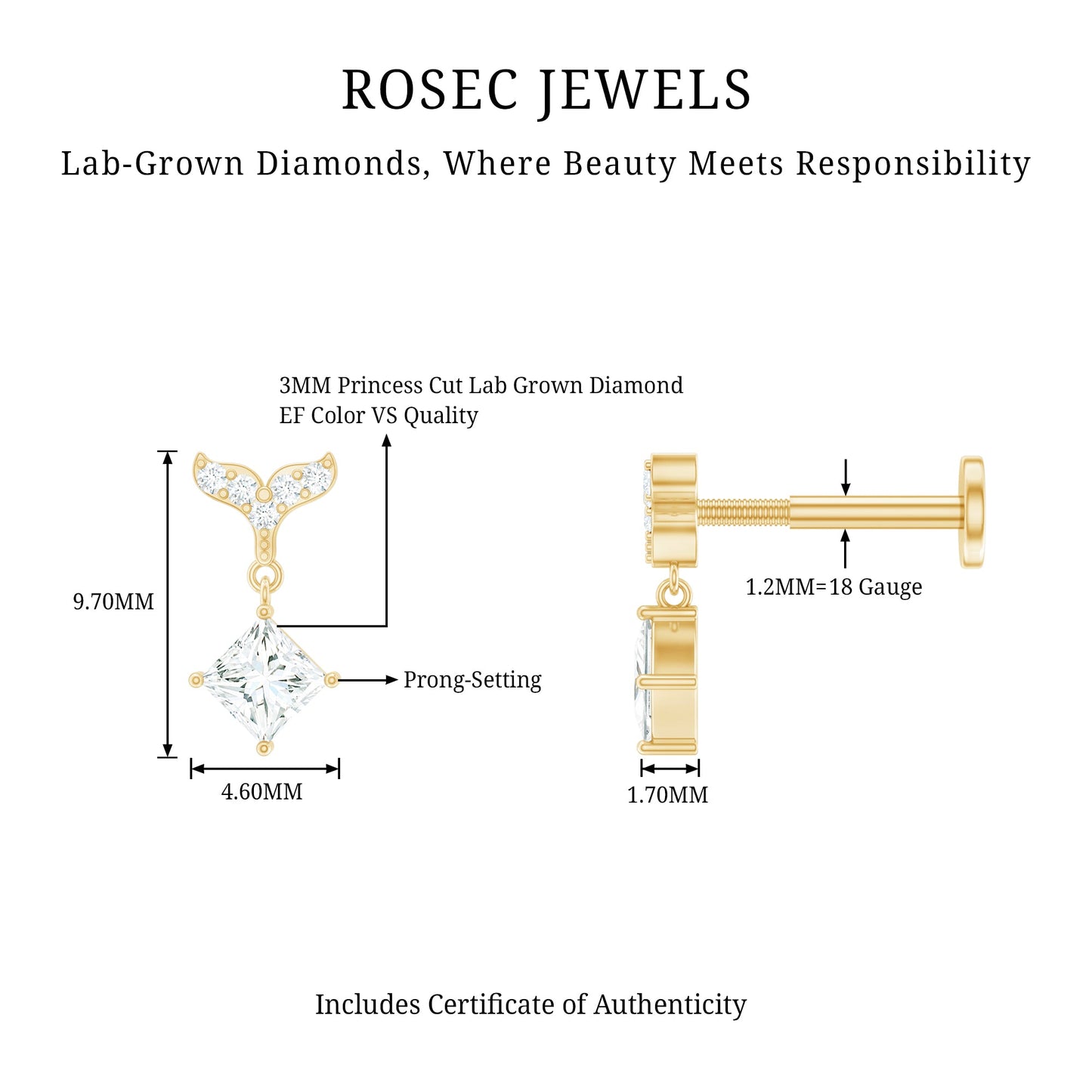 Fish Tail Diamond Drop Earring for Helix Piercing
