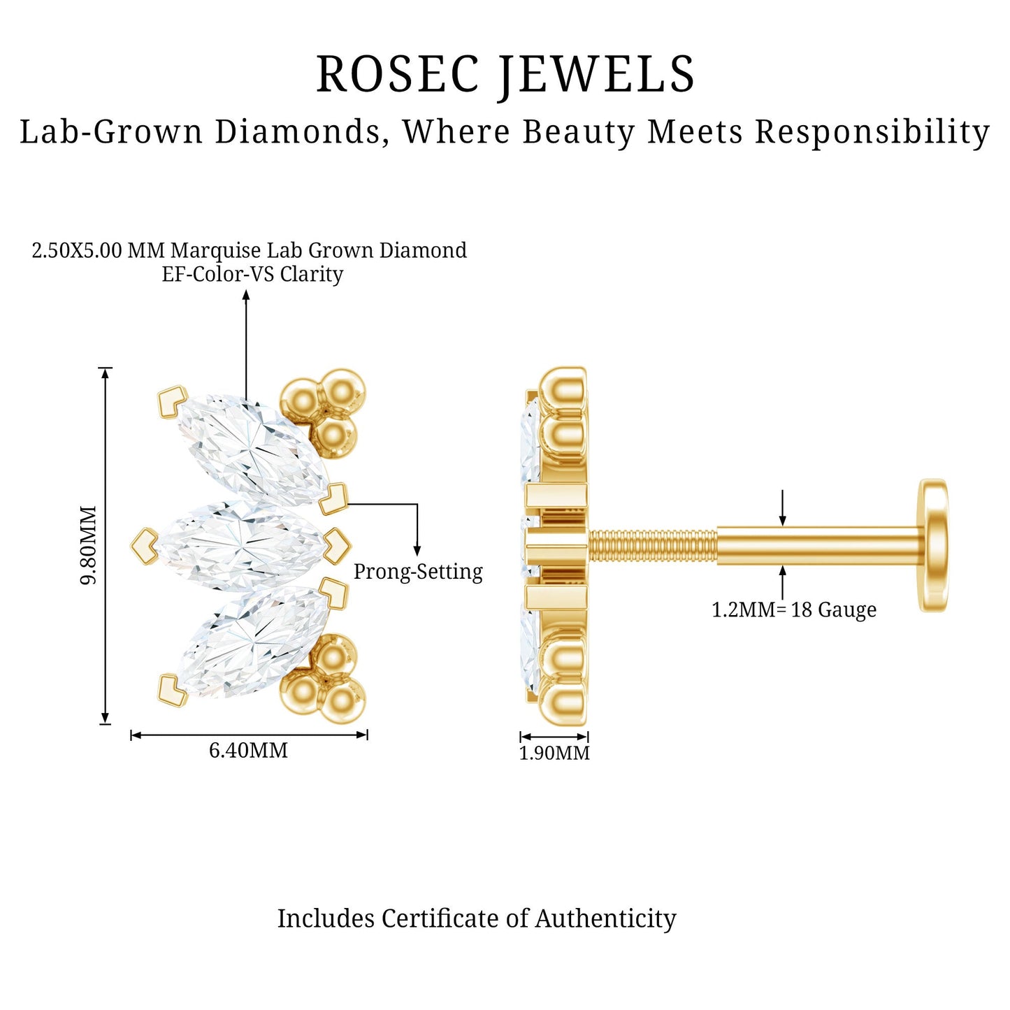 Marquise Diamond 3 Stone Crawler Earring