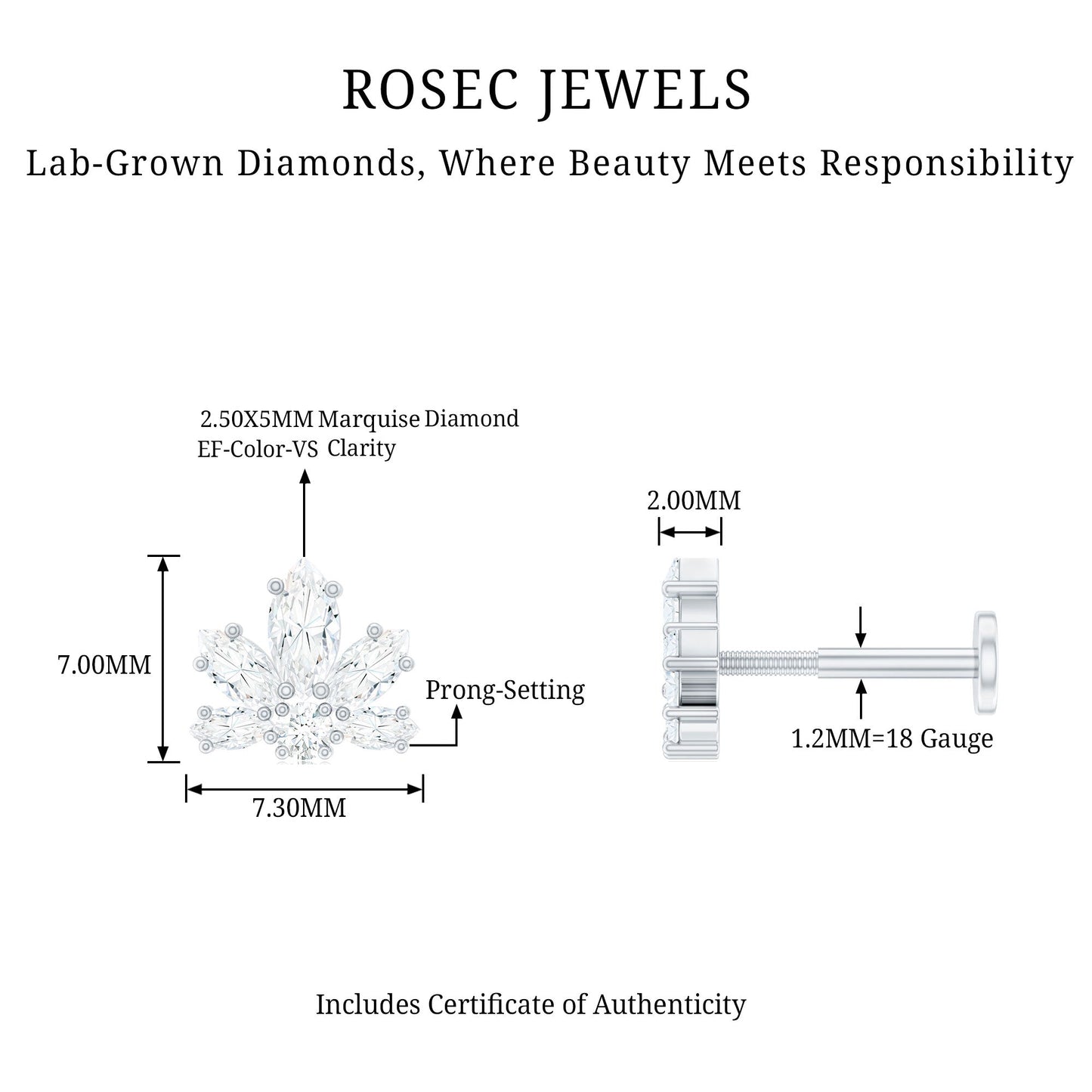 Marquise Diamond Lotus Earring for Upper Lobe Piercing