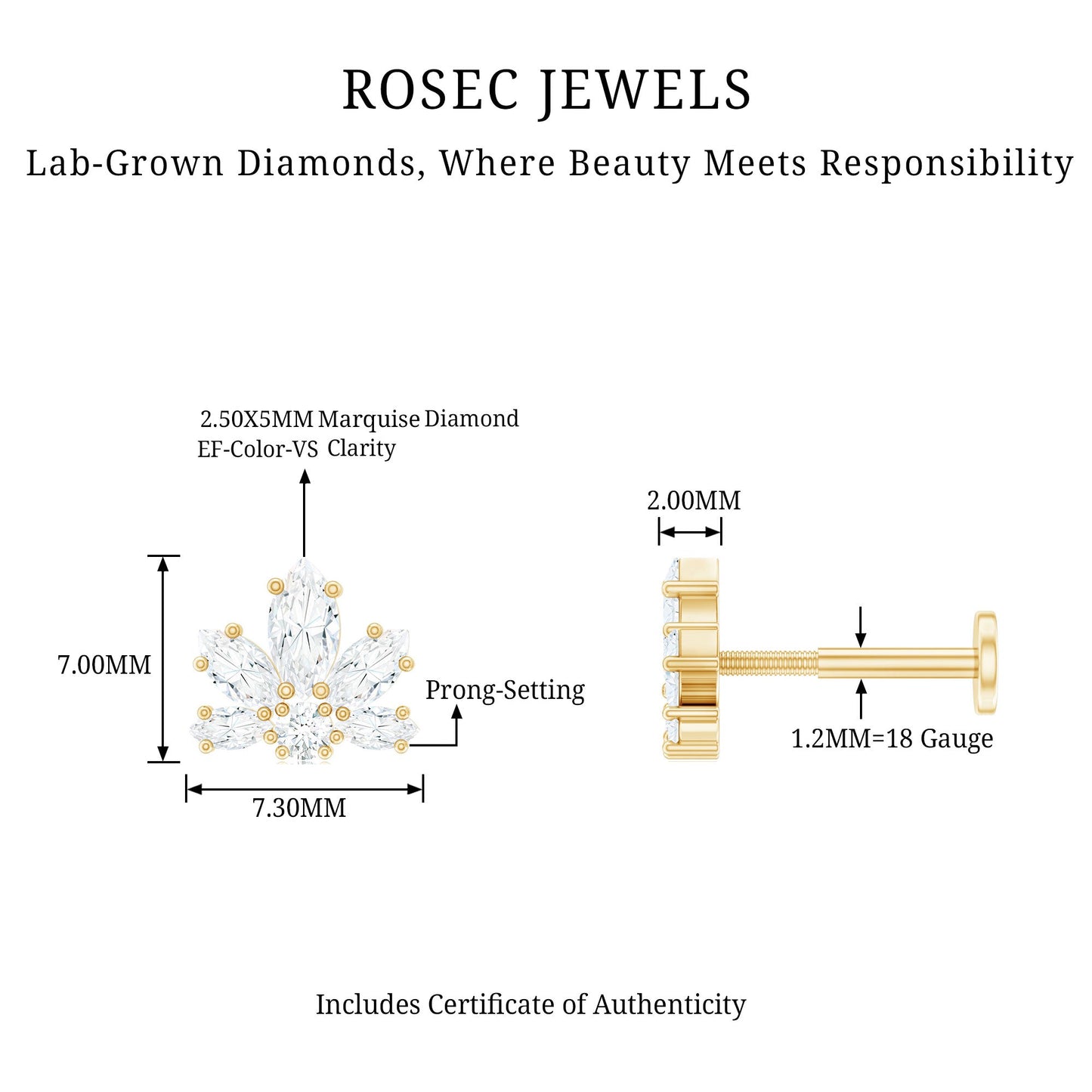 Marquise Diamond Lotus Earring for Upper Lobe Piercing
