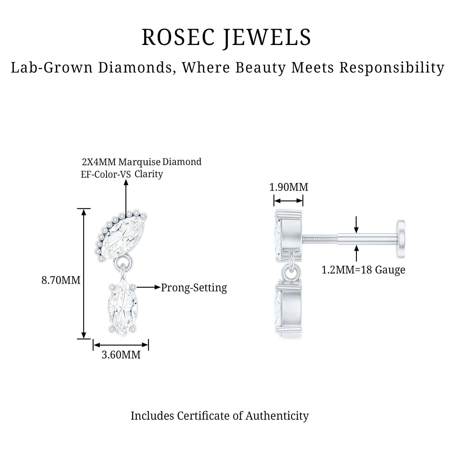 Certified Marquise Diamond Drop Earring for Helix Piercing