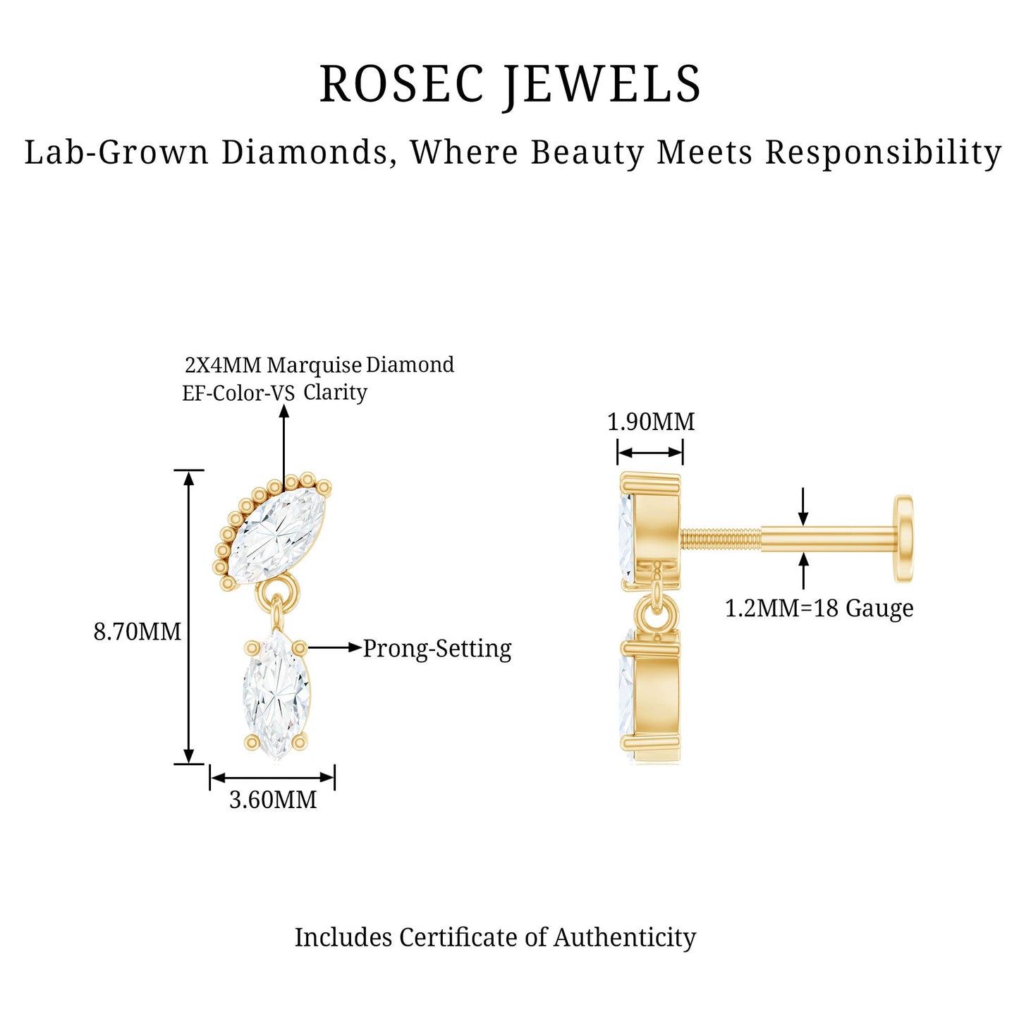Certified Marquise Diamond Drop Earring for Helix Piercing