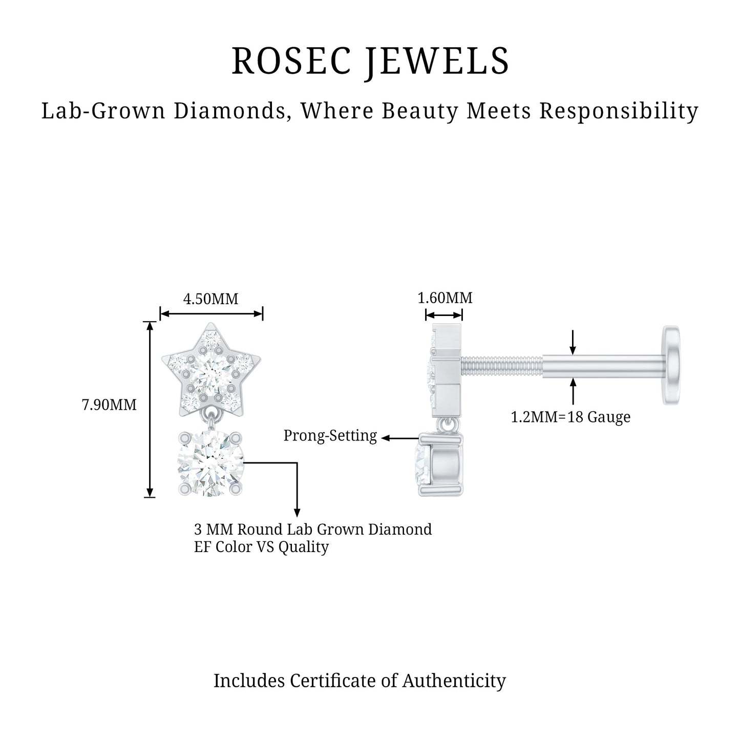 Star Diamond Drop Earring for Helix Piercing