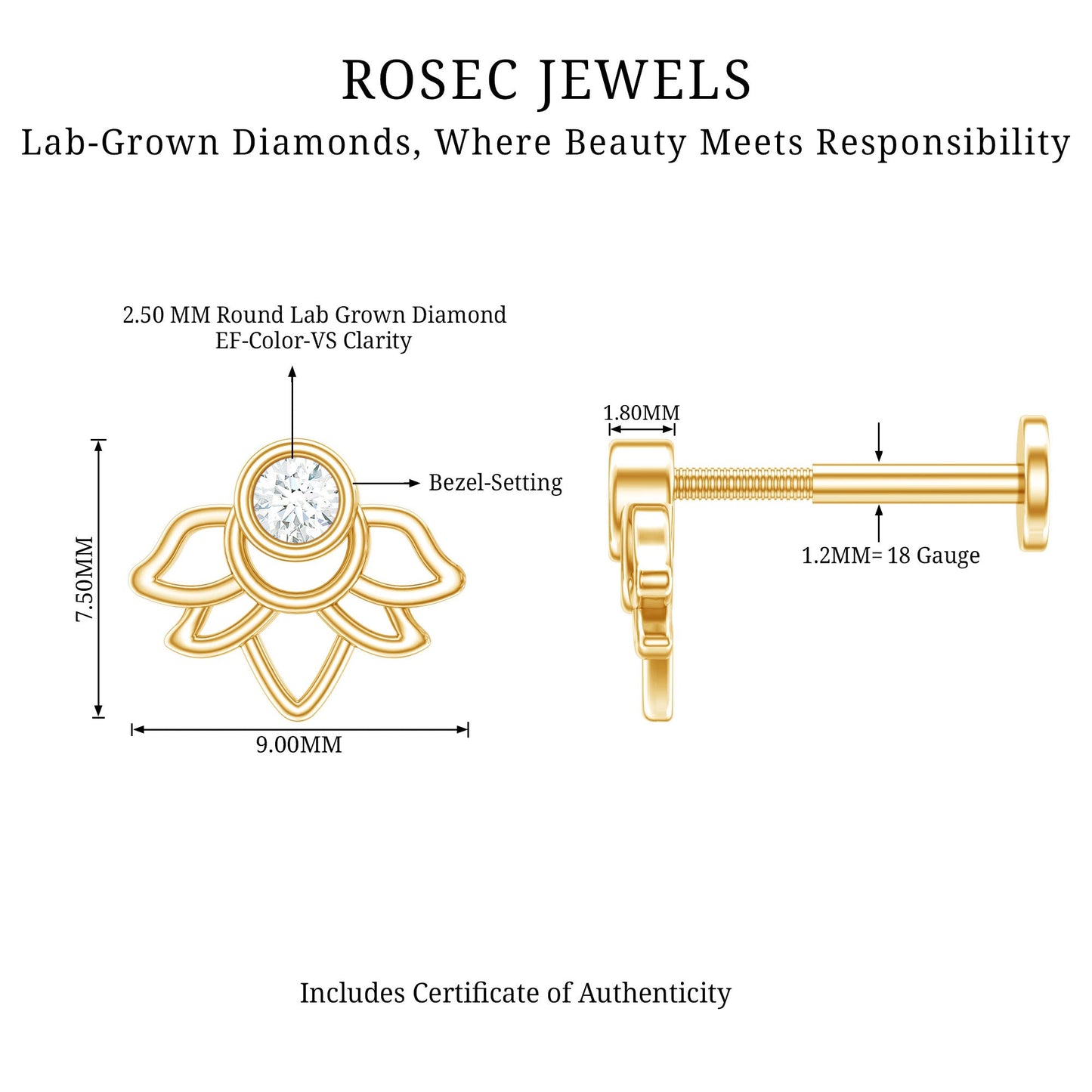 Diamond Lotus Earring for Helix Piercing