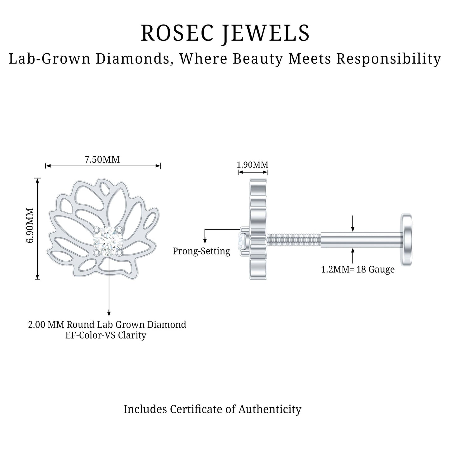 Diamond Lotus Flower Earring for Conch Piercing