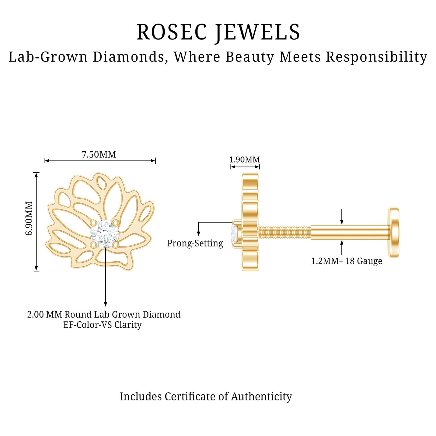 Diamond Lotus Flower Earring for Conch Piercing