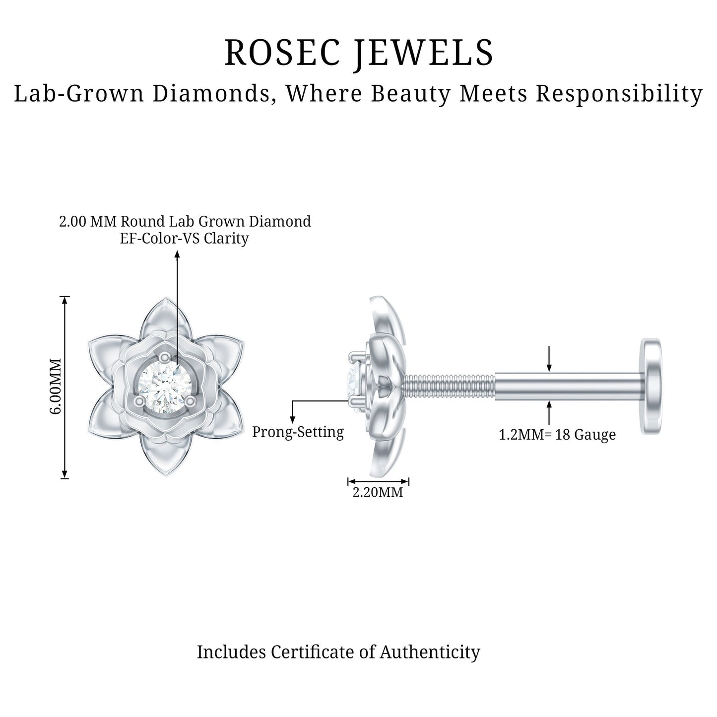 Diamond Lotus Flower Earring for Helix Piercing