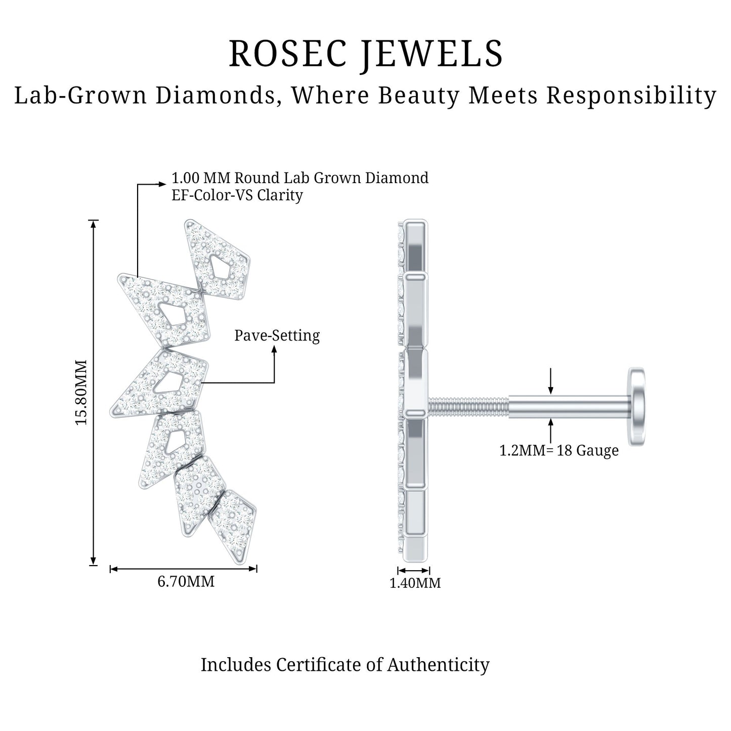 Designer Diamond Ear Crawler Earring for Helix Piercing