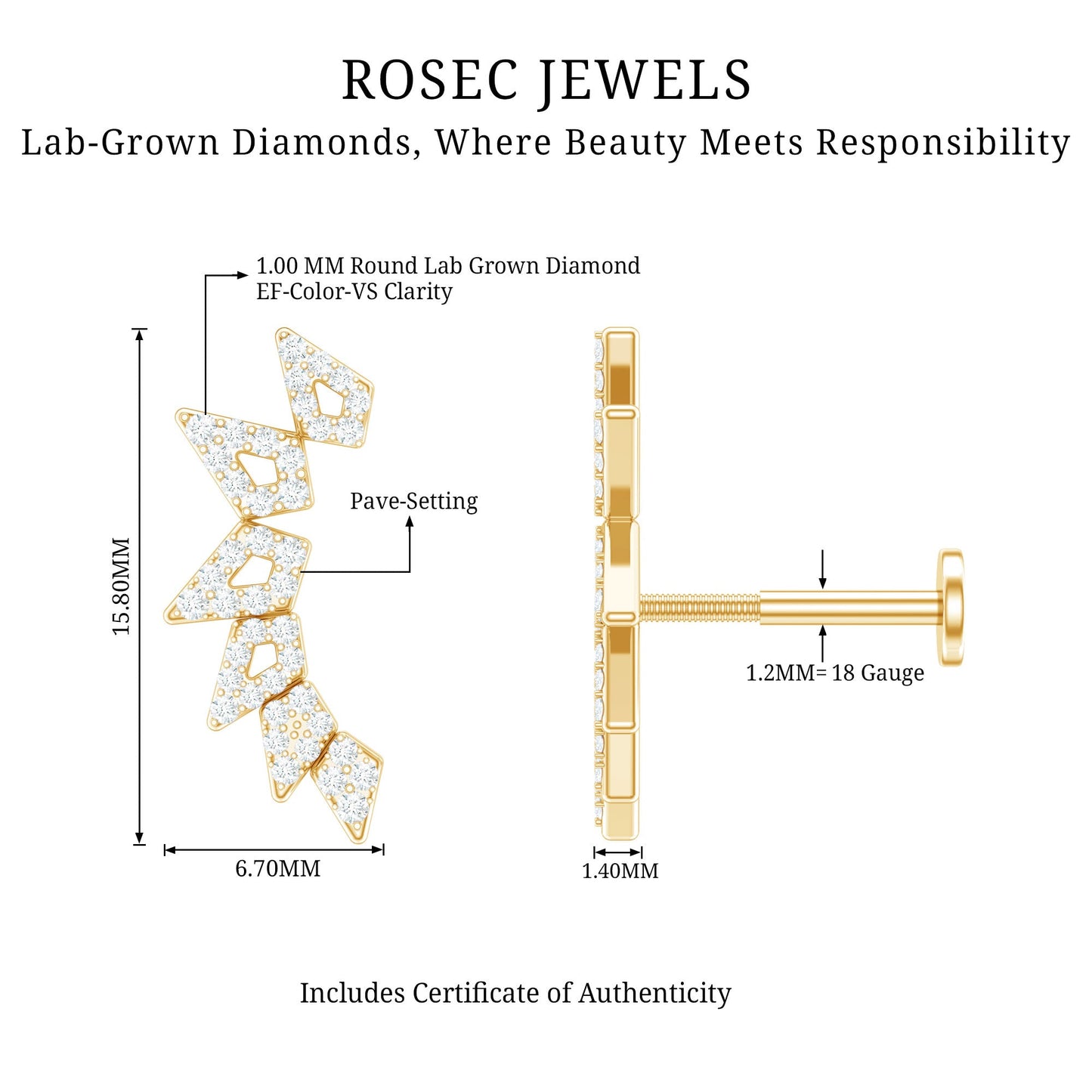 Designer Diamond Ear Crawler Earring for Helix Piercing