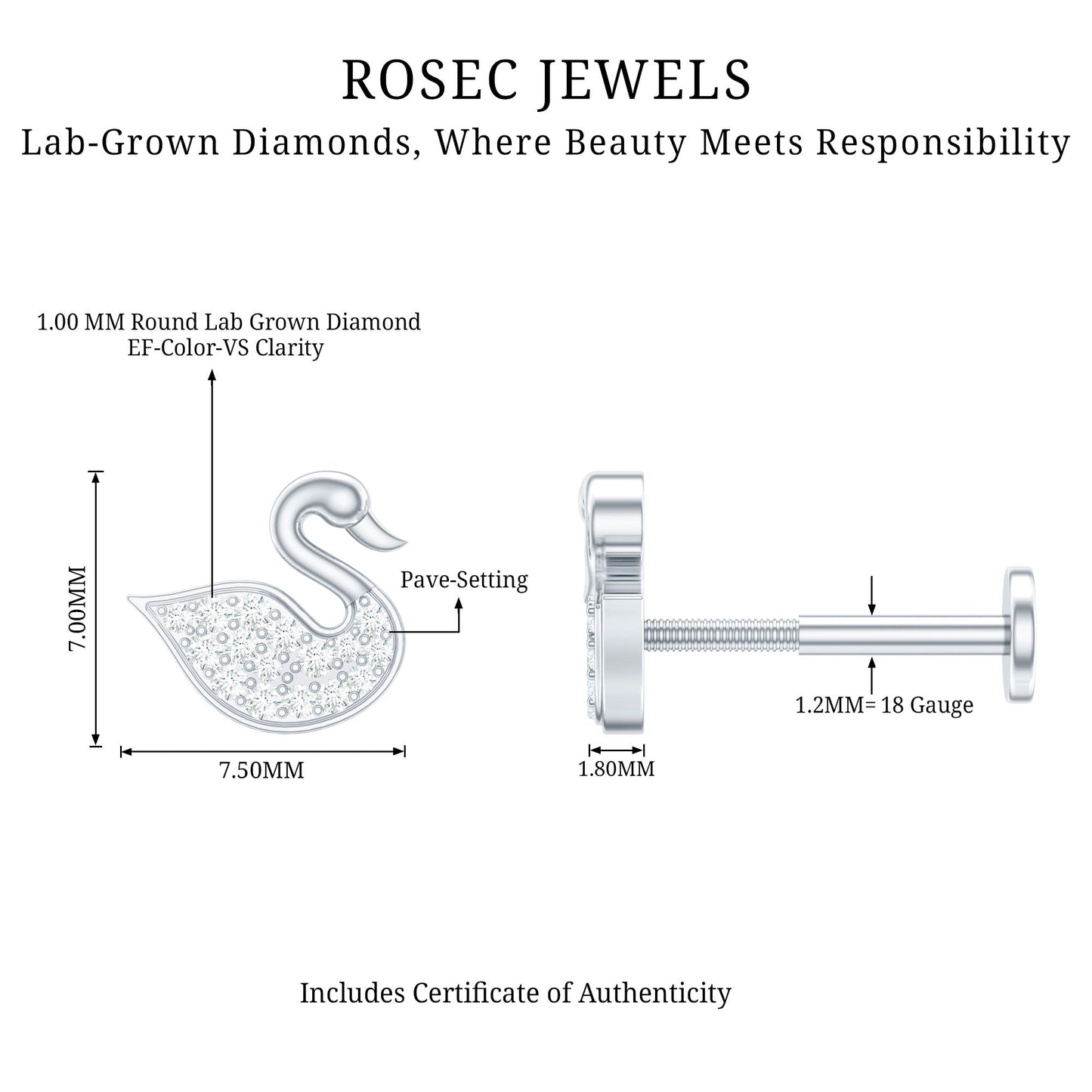 Diamond Swan Earring for Upper Lobe Piercing