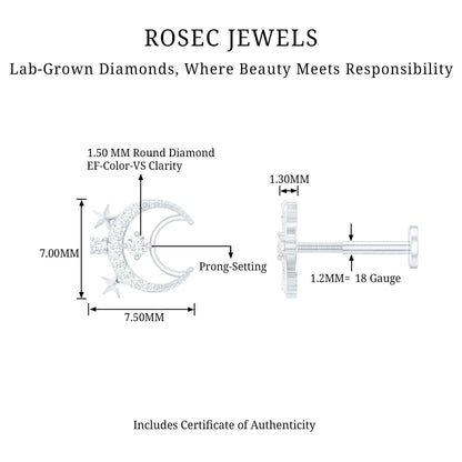 Diamond Star and Moon Earring for Helix Piercing