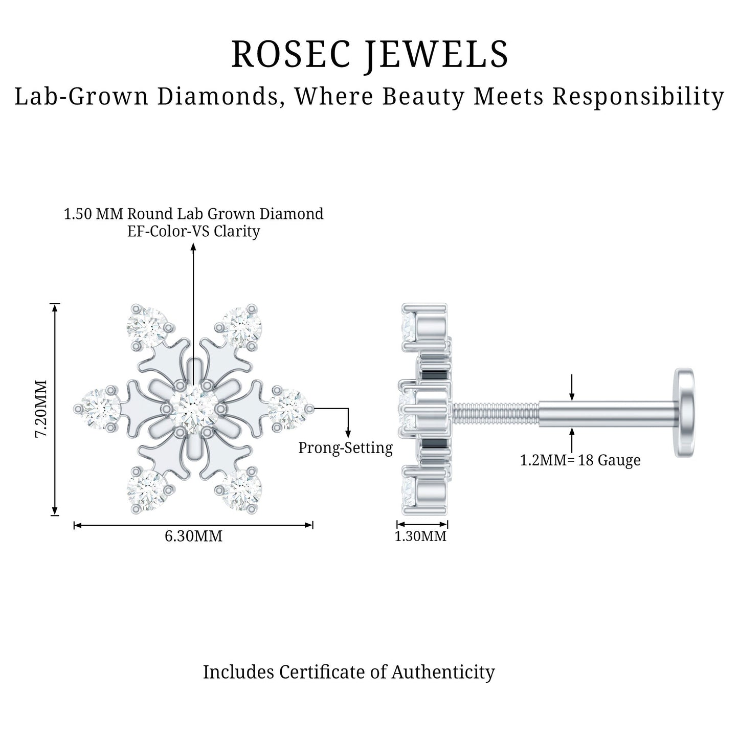 Diamond Snowflake Earring for Upper Lobe Piercing