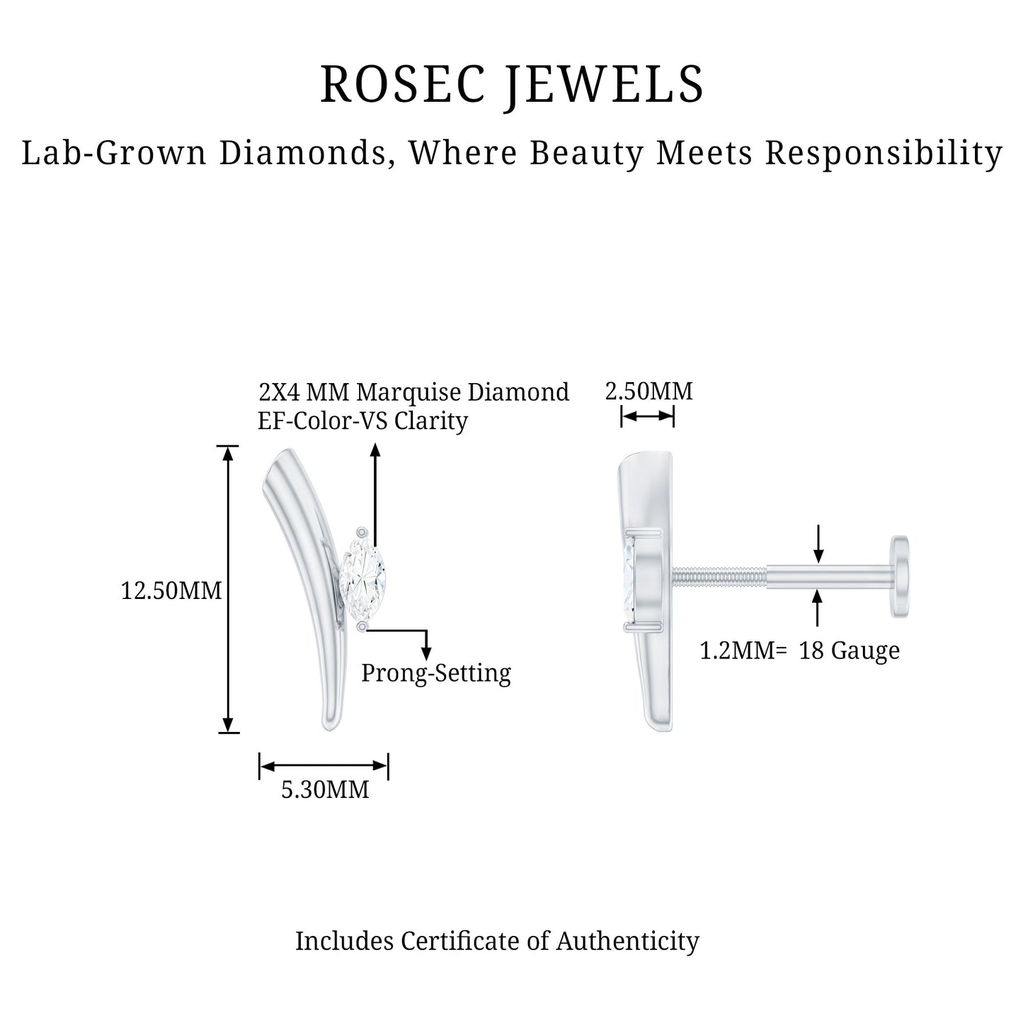 Marquise Cut Diamond Solitaire Earring for Tragus Piercing