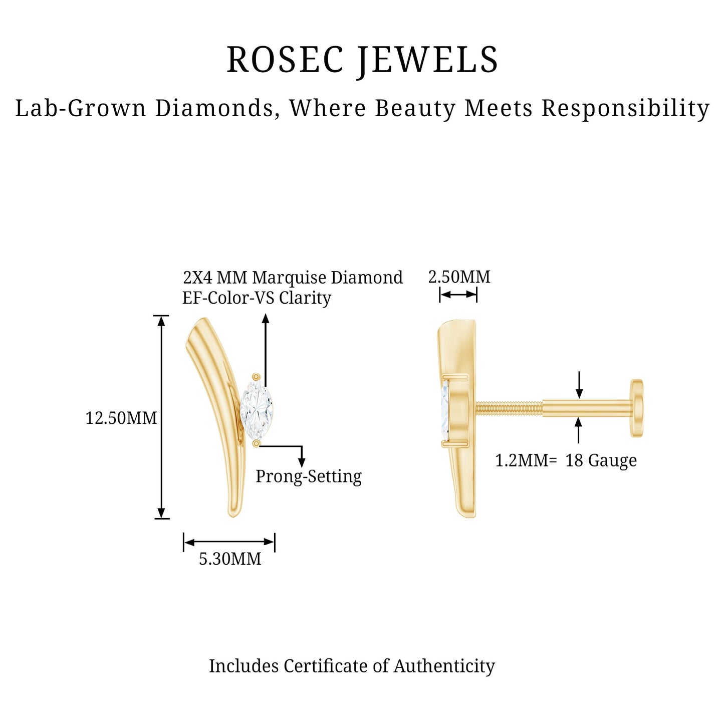 Marquise Cut Diamond Solitaire Earring for Tragus Piercing
