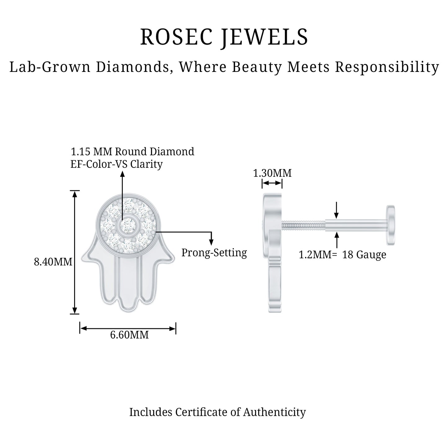 Diamond Hamsa Earring for Cartilage Piercing