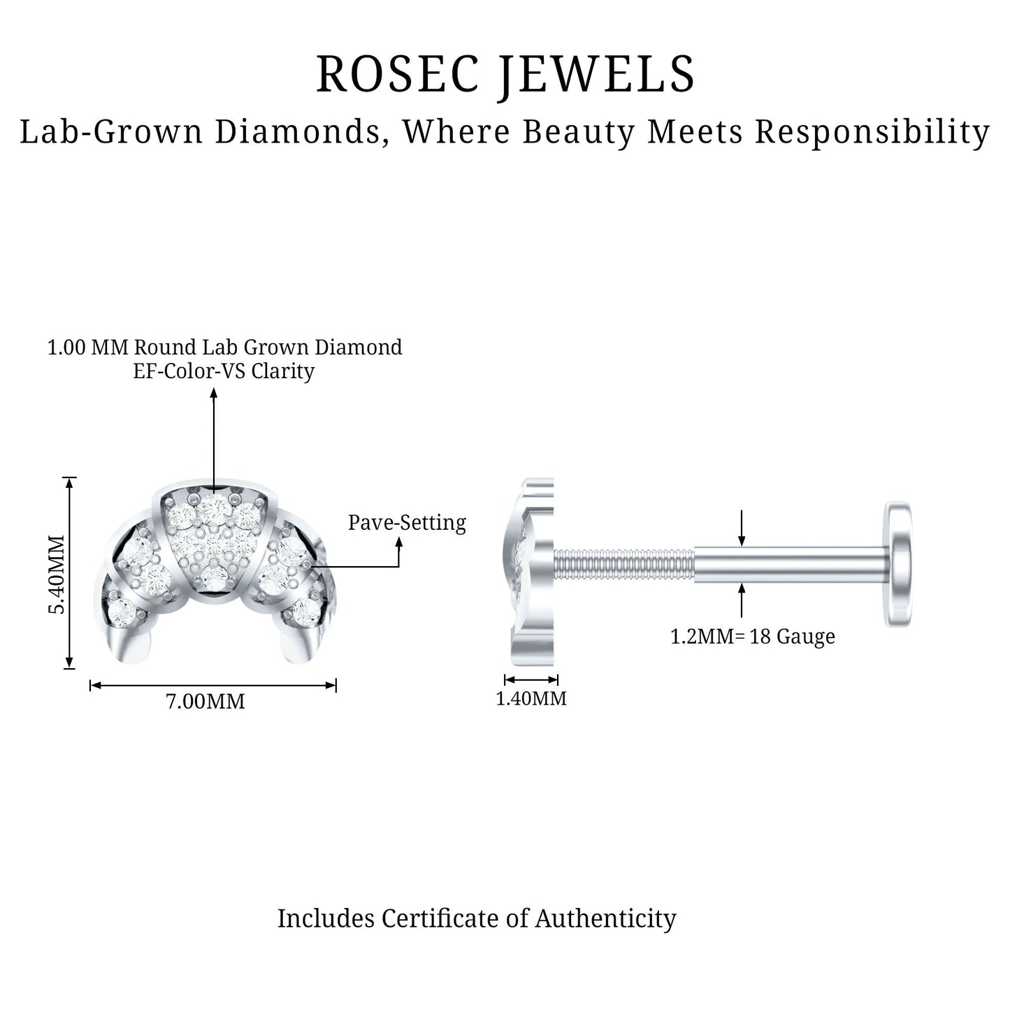 Diamond Croissant Earring for Conch Piercing