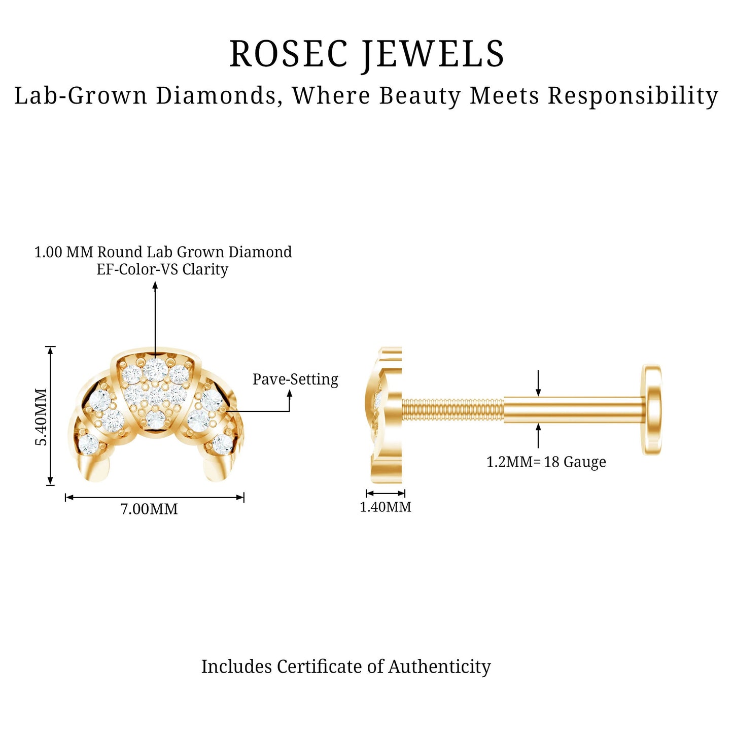 Diamond Croissant Earring for Conch Piercing