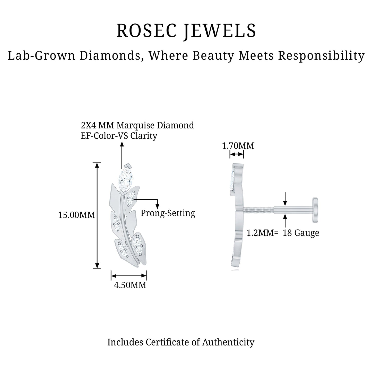 Diamond Leaf Crawler Earring for Helix Piercing